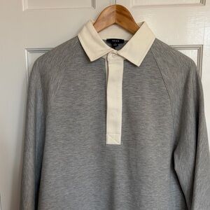 REISS sweatshirt material Grey Polo-Collar Long Sleeve Shirt with Cream Trim